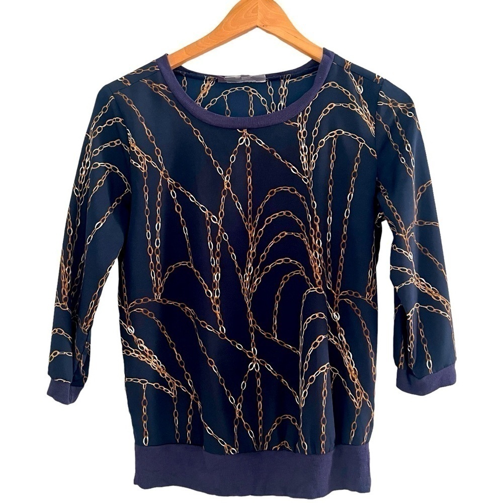 Jennifer Lopez Navy Blue with Gold Chain Design Blouse Top Shirt Sz XS